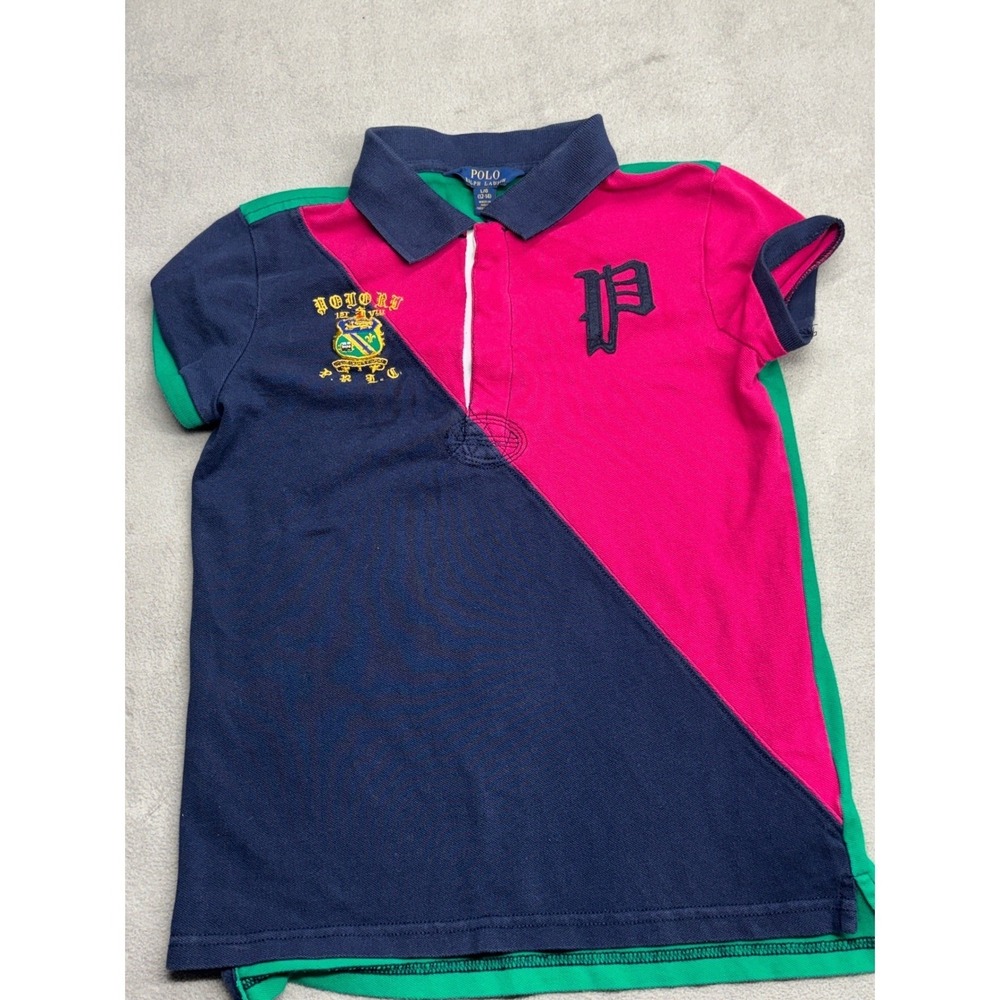 Polo Ralph Lauren Boys L 12-14 Colorblock Rugby Polo Shirt Navy Pink Crest